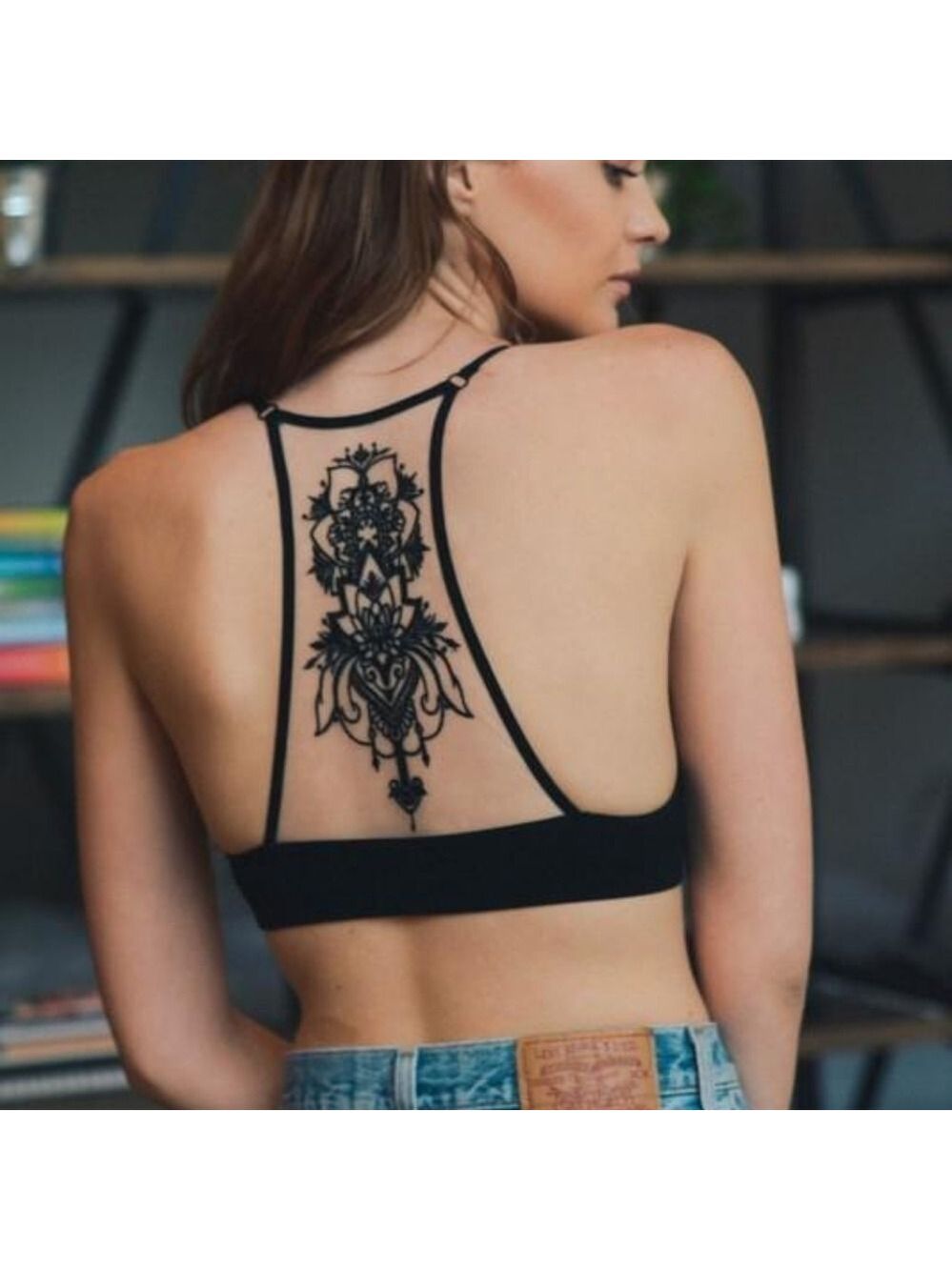 Trïbe Black Mandala Tattoo Mesh Racerback Bralette Size M/L NWT
